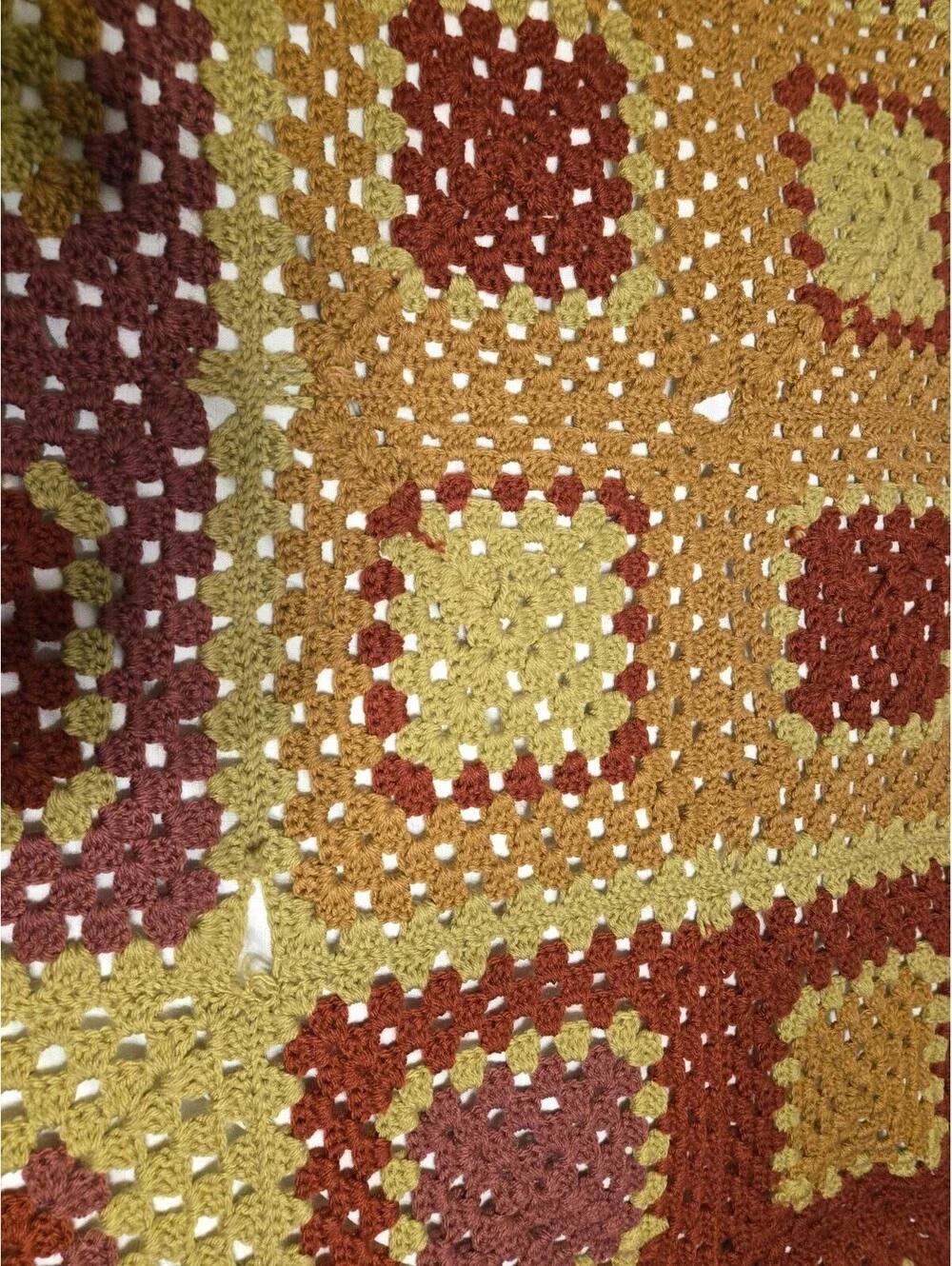 Vtg Handmade Crochet Granny Square Afghan Blanket Mustard Orange Burgundy  Read